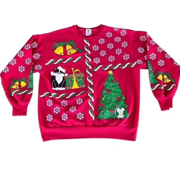 VTG Christmas Sweatshirt Cat Mouse Holiday Time Puffy Graphic Crewneck Med Red - Picture 1 of 11